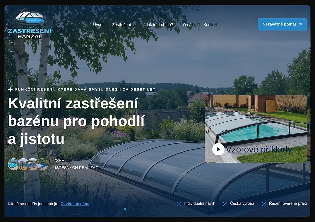 Web pro firmu na zastřešení teras, bazénů a pergol — ZastreseniHanzal.cz